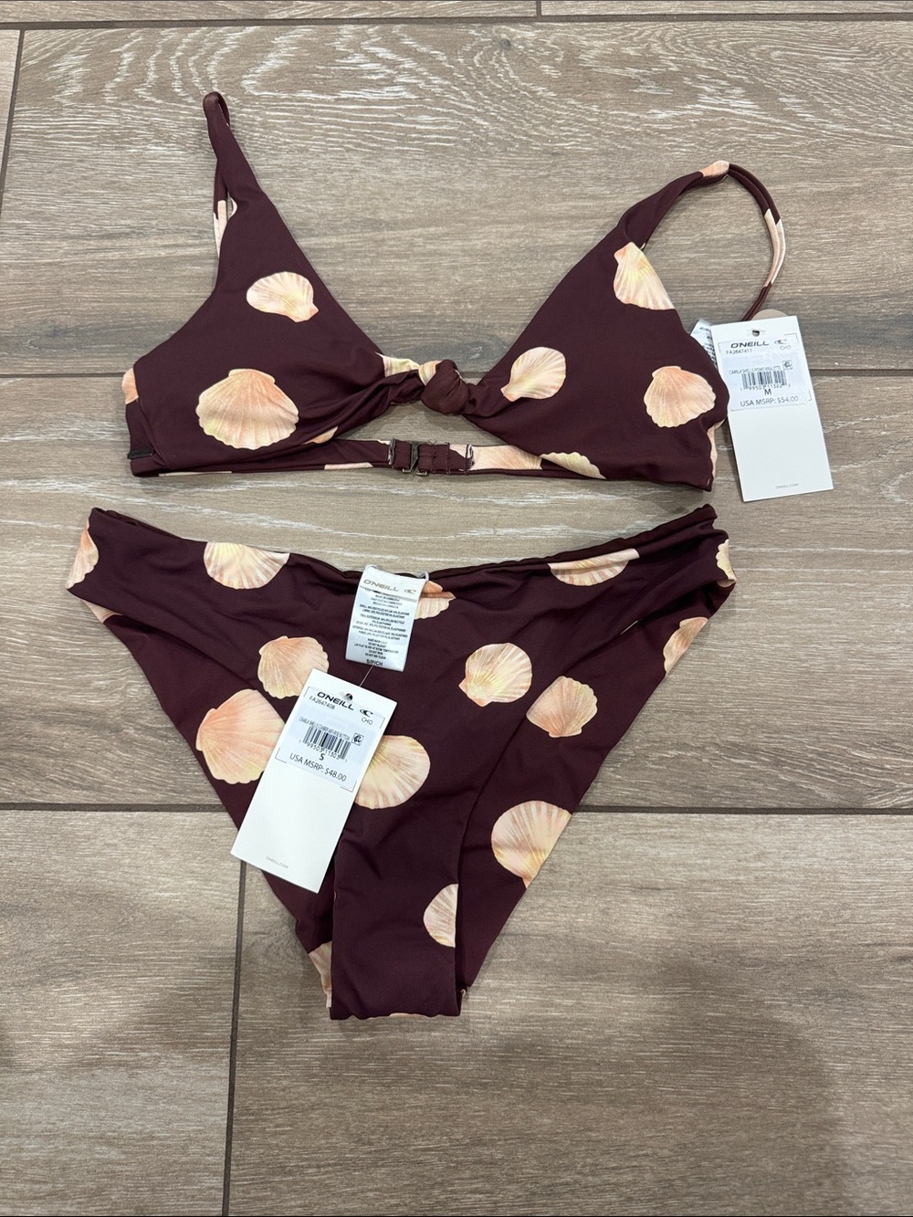 O'Neill Women's Maroon Bikini with Peach Shell Print